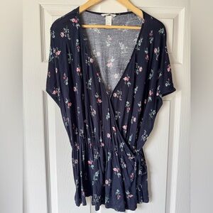 H&M Floral Wrap Top - Dark navy with Pink and Green Accents - size L